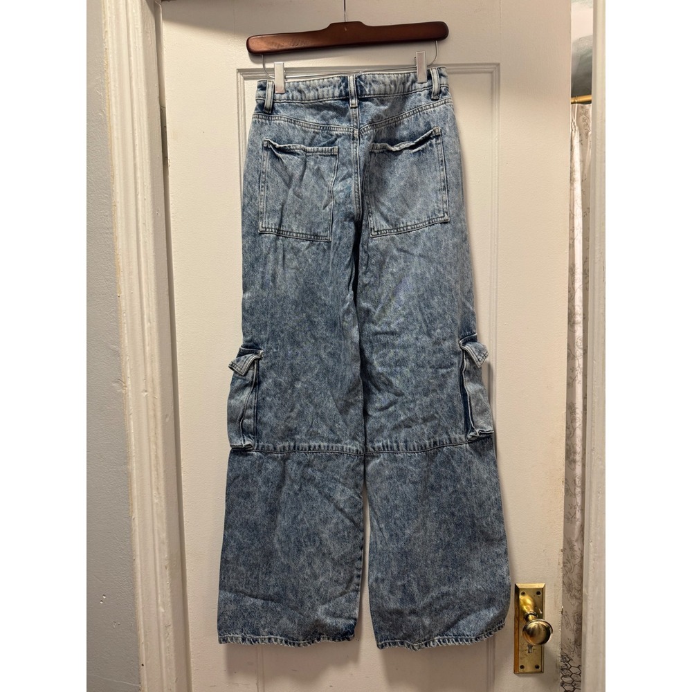 Forever 21 Acid Wash Cargo Jeans Wide Leg Light Blue Denim Womens Size S - Picture 3 of 4